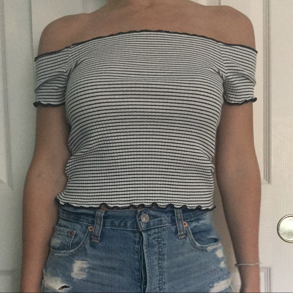 off the shoulder black and white striped top